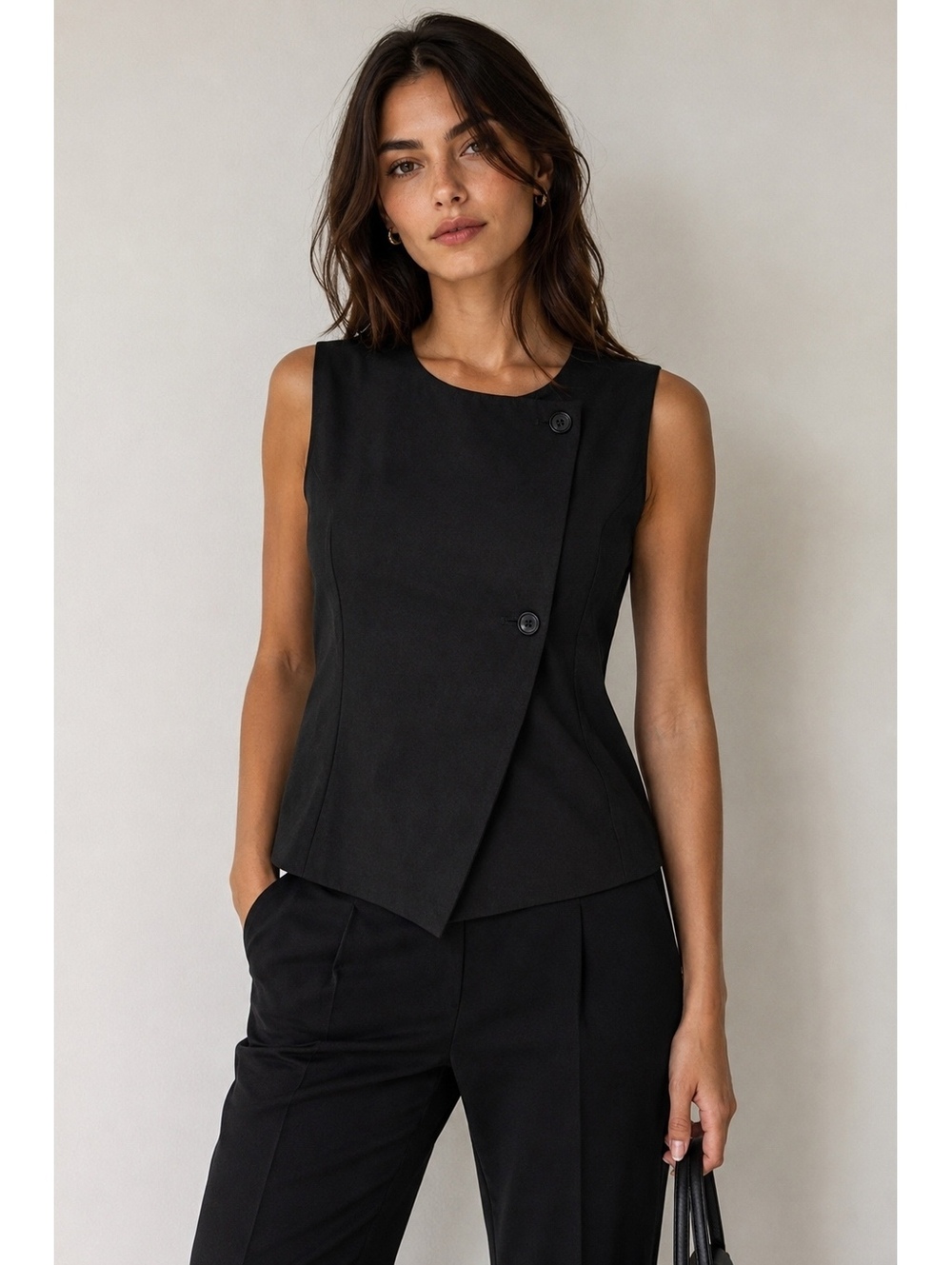 Zara Black Asymmetrical Wrap Button Front Sleeveless Vest Top Size L